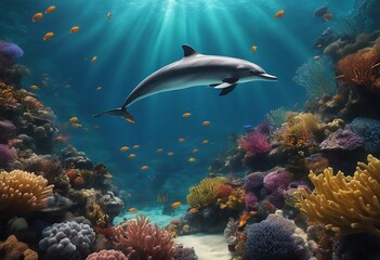 Fototapeta na wymiar Dolphins Swims Through Vibrant Underwater Marine Life Amid Colorful Ocean Fishes. Generative AI