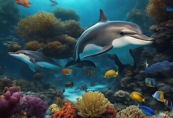 Obraz premium Dolphins Swims Through Vibrant Underwater Marine Life Amid Colorful Ocean Fishes. A Generative AI