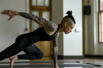 A woman with tattoos on her arms and back is doing a yoga pose