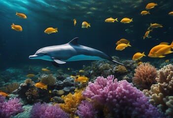 Fototapeta na wymiar Dolphins Swims Through Vibrant Underwater Marine Life Amid Colorful Ocean Fishes. A Generative AI