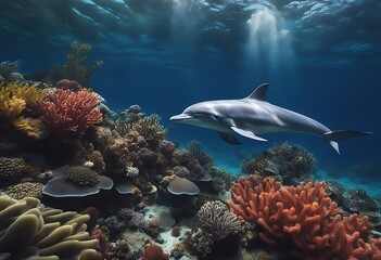 Fototapeta premium Dolphins Swims Through Vibrant Underwater Marine Life Amid Colorful Ocean Fishes. A Generative AI