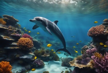 Dolphins Swims Through Vibrant Underwater Marine Life Amid Colorful Ocean Fishes. A Generative AI