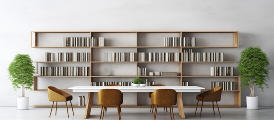 Interior of office library with white walls and concrete floor, featuring white bookcase and long wooden table with comfortable armchairs. Vertical mock up poster. - obrazy, fototapety, plakaty