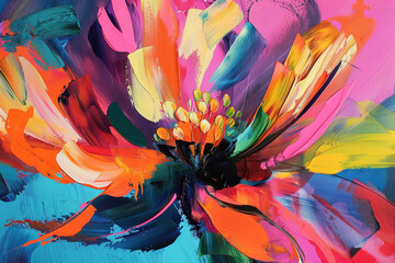 Background, wallpaper or abstract flower on canvas for wall frame, backdrop or print. Colourful, creative art and beautiful texture painting for interior artwork, copyspace and creativity inspiration