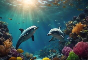 Obraz na płótnie Canvas Dolphins Swims Through Vibrant Underwater Marine Life Amid Colorful Ocean Fishes. A Generative AI