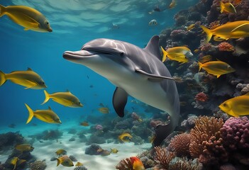 Obraz premium Dolphins Swims Through Vibrant Underwater Marine Life Amid Colorful Ocean Fishes. A Generative AI