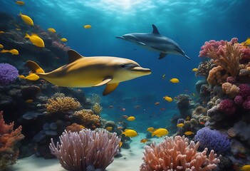 Fototapeta premium Dolphins Swims Through Vibrant Underwater Marine Life Amid Colorful Ocean Fishes. A Generative AI