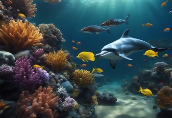 Naklejka na ściany i meble Dolphins Swims Through Vibrant Underwater Marine Life Amid Colorful Ocean Fishes. A Generative AI