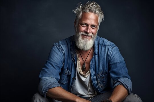 Portrait of a handsome middle aged man with gray hair and beard wearing a denim shirt and jeans jacket.
