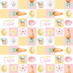 Easter Spring watercolor seamless pattern with Easter rabbit, eggs, carrots and flowers. Print for Easter decorations. Template for cards, covers, posters, invitations, scrapbooking, packaging papers
