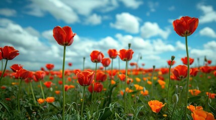 Vibrant red and yellow tulips bloom against a clear blue sky