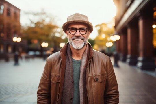 Portrait of a smiling senior man in a hat and glasses on a city street.