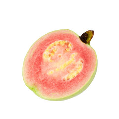 Guava is a tropical fruit with pink juicy flesh and a strong sweet aroma with leaf on a white background