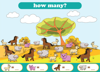 Counting game of wild animals for kids activity worksheet. Vector Illustration