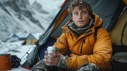 Obraz premium A young man is sitting in front of a tent holding a coffee cup. Looking at the mountain scenery in winter