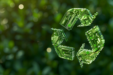 A recycling symbol made of digital circuits, partially transparent, floating against a vibrant green background.