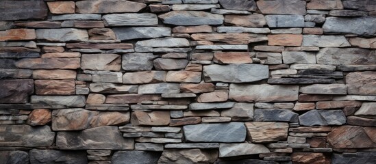 A detailed closeup of a stone wall showcasing a variety of rocks, demonstrating the use of different building materials in brickwork construction