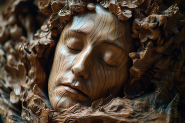 The wood art carving is a detailed and beautiful human face.