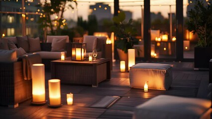 The rooftop is decorated with chic contemporary furniture and elegant light fixtures. Strings of ling fairy lights and flickering candles create a romantic and upscale vibe.