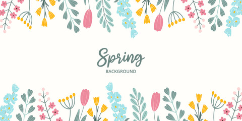 Spring horizontal festive banner on white background with place for typography in flat vector style. Hand drawn blooming colorful flowers, green leaves. Seasonal botanical template. - obrazy, fototapety, plakaty