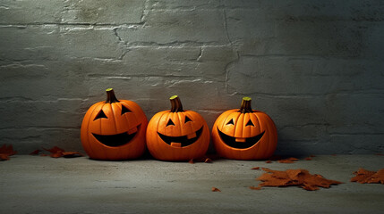 Three halloween smiley pumpkin on the concrete floor brick wall