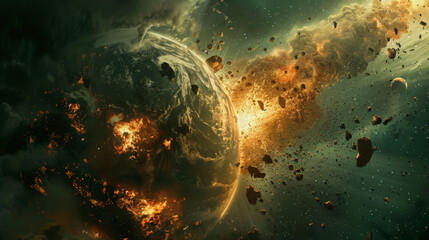 A dramatic depiction of a catastrophic meteor shower striking Earth, with intense flames and debris scattering through space.