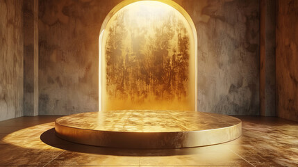 A grandiose golden podium set against a matching archway, illuminating a room with luxurious and elegant vibes.