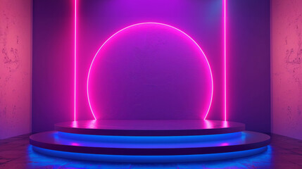 A vivid neon purple arch over a circular platform creates a mood of futuristic mystery in an ambiently lit room. - obrazy, fototapety, plakaty