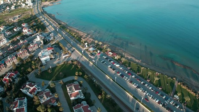 flying from a drone over the road. view of the city of Iskele. Northern Cyprus