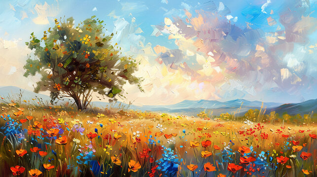 A colorful and textured impressionist painting capturing the beauty of a blooming field with a solitary tree against a bright sky.