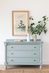 
A light blue dresser in the style of modern farmhouse, with white walls and light wood floors. An art frame hangs on the wall above it, and some greenery sits next to the chest of drawers.