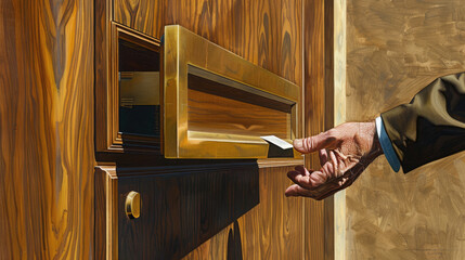 A persons hand is inserting a letter through a brass mail slot in a polished wooden door likely delivering mail
