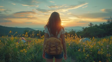 Asian woman traveling and camping alone at nature park and travel Outdoor Activities Lifestyle Good morning and a refreshing start to your day. - obrazy, fototapety, plakaty