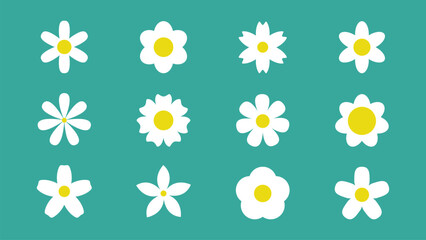 White Daisy chamomile set. White camomile icon. Cute round flower head plant collection. Love card symbol. Growing concept. Childish style. Simple shape. Flat design. Isolated. Green background. - 758636823
