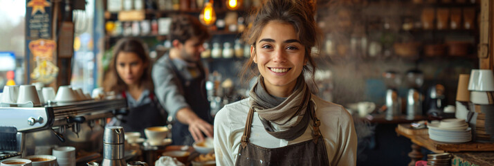 Friendly baristas in a cozy coffee shop. Casual lifestyle portrait series. Coffee culture and small business concept. Design for poster, banner, advertisement and editorial use.