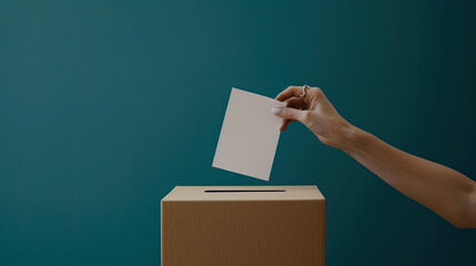 A persons hand placing a ballot into a slot of a cardboard box on a blue background