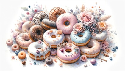 Obraz premium Watercolor painting of Donuts