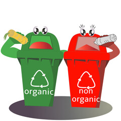 Green rubbish bin and red rubbish bin characters on white background. Vector illustration. Organic and non-organic.