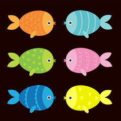 Fish icon set. Colorful aquarium sea ocean animals. Cute kawaii cartoon funny baby character. Marine life. Kids collection. Childish style. Isolated. Black background. Flat design. - 758637413