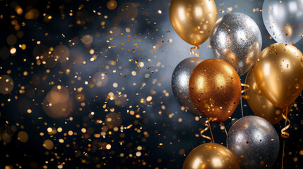 Obraz na płótnie Canvas Elegant and festive background with gold and silver balloons surrounded by glittering confetti on a dark bokeh backdrop, perfect for celebrations and special occasions.