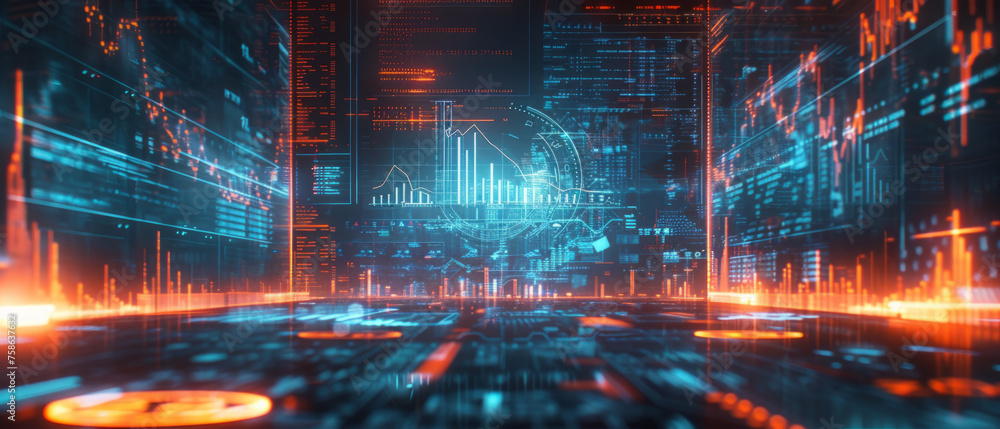 Aufkleber futuristic digital landscape with glowing neon lines and abstract data visualizations. the perspecti