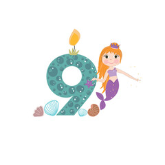 Obraz na płótnie Canvas Cute little mermaid nine birthday card one candle and marine life