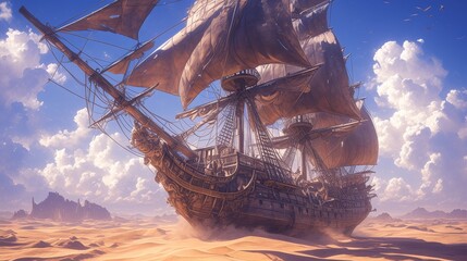 Beautiful English pirate ship with cannons, stranded on a dune in a desert. - obrazy, fototapety, plakaty