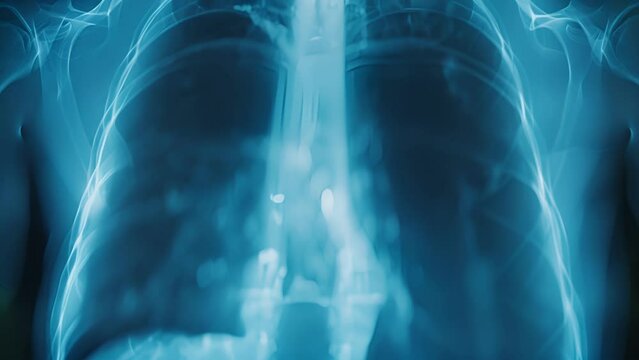 A closeup of a chest xray being assessed by AI software for signs of early stage lung cancer or other respiratory diseases.