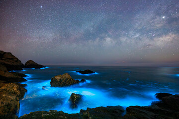 Blue tears Noctiluca under the starry sky. Photographed in Matsu, Taiwan