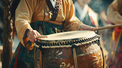 Asian woman playing on drum. Chinese, Korean festival. 