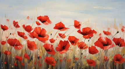 An oil painting of red poppies in a field. ..