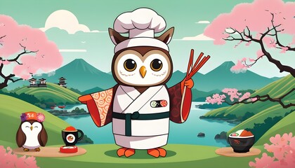 An owl wearing a giant foam cheeseburger costume with sesame seed buns lettuce tomato and a pickle sticking out against a vibrant orange background resembling a fast food restaurant