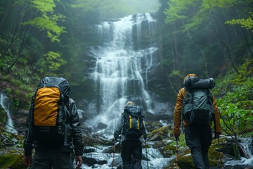 Autumn Adventure: Friends on a Misty Trail to a Secluded Waterfall
