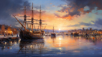 An oil painting on canvas. Evening in the seaport  - obrazy, fototapety, plakaty